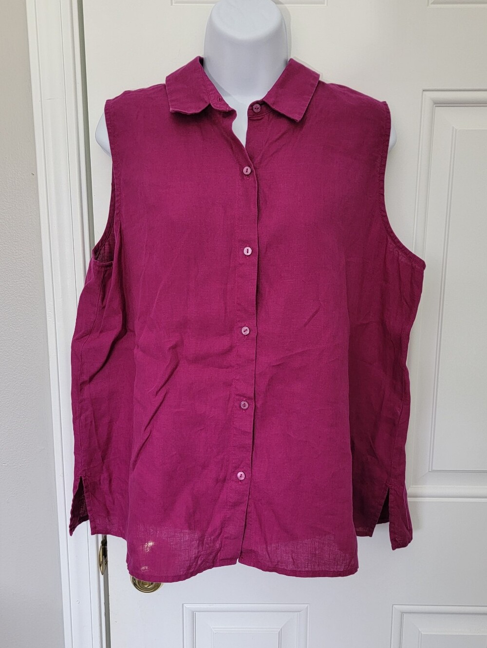 Eileen Fisher Organic Linen Sleeveless Button Front Collared Fuschia Blouse L